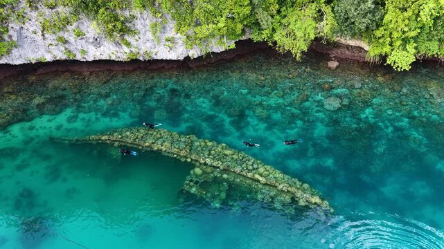 Snorkelers explore a small shipwreck covered by coral in Palau's southern lagoon. This beautiful island-nation is a popular destination for divers, snorkelers, kayakers, and World War II historians. 