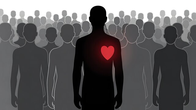 Conceptual illustration of a unique person standing out in a crowd with a glowing red heart symbol