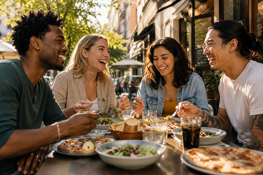 Diverse group of friends laughing and sharing meal at outdoor cafe