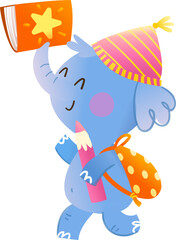 Fototapeta premium Cartoon Elephant Student Carrying Book Walking Back To School. Funny cute elephant animal cartoon for children education. Children cartoon character illustration, hand drawn vector clipart.