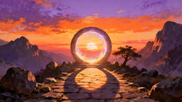 Mystical portal in mountain landscape