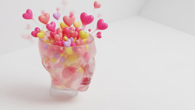 Concetto 3D di amore e pensieri positivi con cuori che escono da una testa trasparente