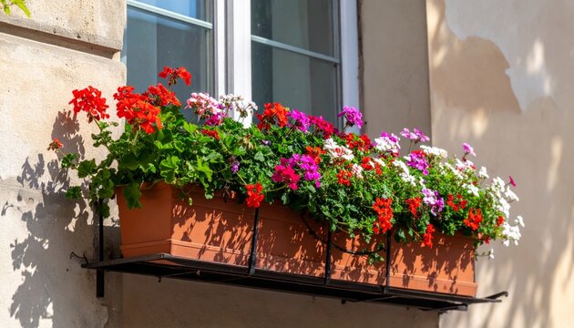 Window Flower Box with Colorful Geraniums Red Pink White Against Textured Wall and Sunlight