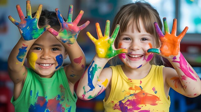 Two happy young children with painted hands and faces smiling at the camera during a creative art class