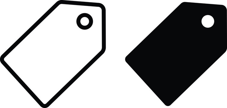 Minimalist price tag icons in outline and solid styles, black and white retail label vector set, commercial shopping hang tag symbols for e-commerce