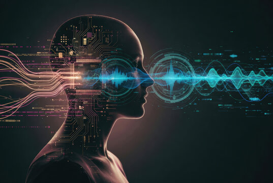 Concetto di intelligenza artificiale con silhouette robotica e onde sonore digitali