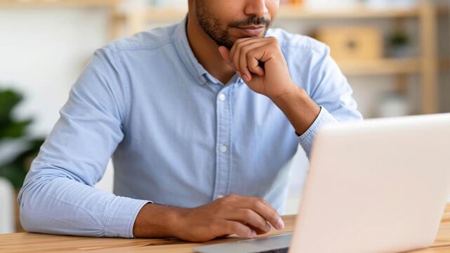 Discouraged man searching for job vacancies online on laptop