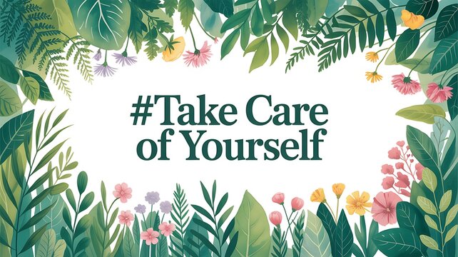 Beautiful floral frame illustration with the inspirational quote hashtag take care of yourself message