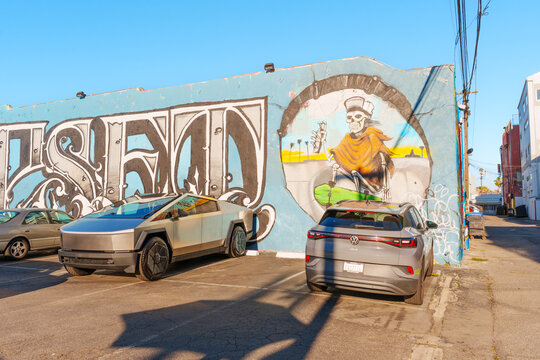 Venice Beach, California - January 8, 2026: Tesla Cybertruck And VW ID.4 Parked In Venice Beach Parking Lot