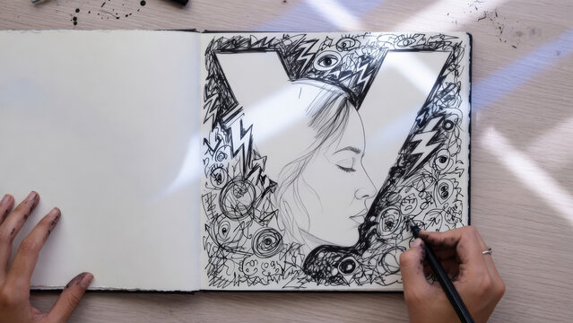 Disegno artistico a mano libera di un volto femminile in un album