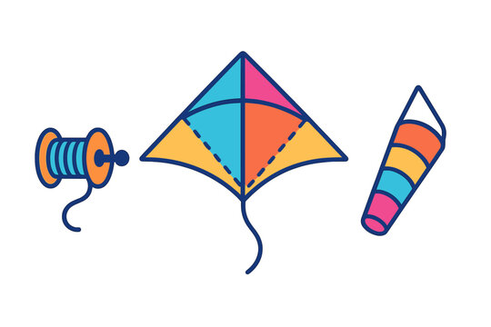 Colorful kite, spool of thread, and windsock for outdoor recreation and wind measurement