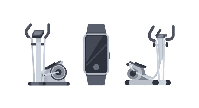 Modern Elliptical Machines and Smartwatch for Fitness and Health Tracking - Isolated on White Background