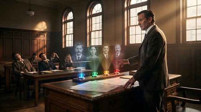 Confident Industrialist in 1900s Courtroom