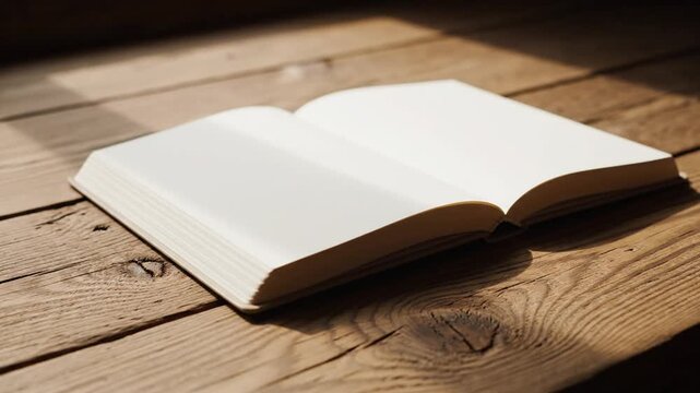 An open blank white book with empty pages lies centered on a rustic brown wooden table surface, providing a minimalist template for sketching, writing, or graphic design mockups.