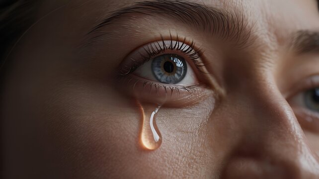 Extreme close up of a blue human eye with a large tear drop falling down the cheek in deep sorrow