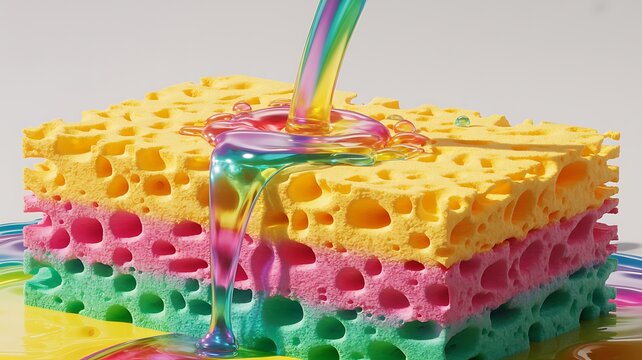 Vibrant rainbow liquid pouring onto a layered colorful kitchen sponge for cleaning and abstract art concept