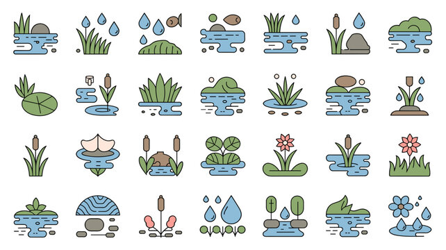 Fresh spring creek and freshwater landscape vector outline icons &ndash; Suitable for environmental organizations, nature blogs, or outdoor recreation.