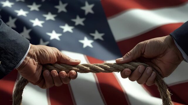 Two men's hands gripping a thick rope in a tug-of-war, with the American flag prominently displayed behind them, symbolizing national conflict or competition.