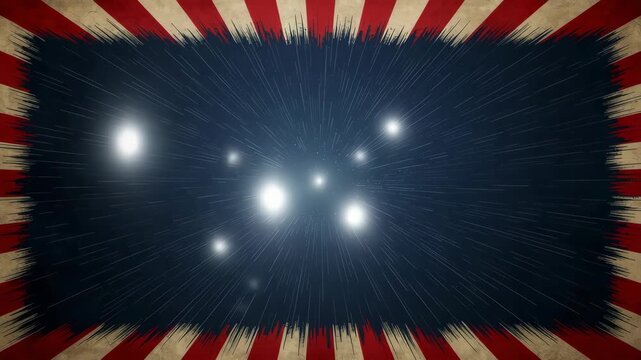 A vintage-style graphic featuring a dark blue rectangle with a radial burst effect, framed by a distressed red and beige sunburst pattern, evoking a retro patriotic theme.