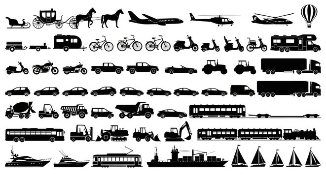 Comprehensive collection of diverse transportation vehicles, presented as crisp black silhouettes for various modes of travel by land, air, and sea