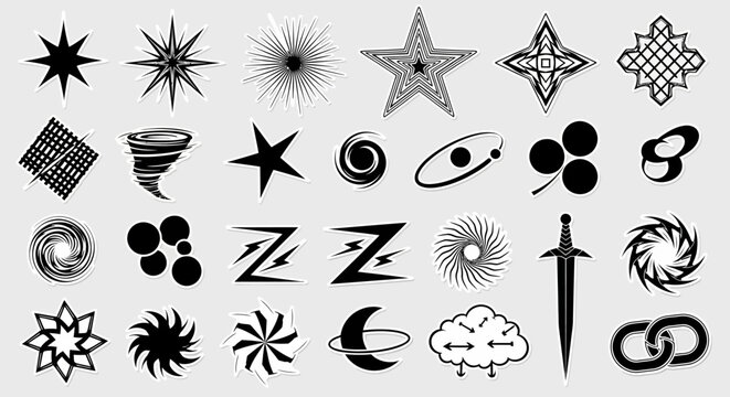 Retro Y2K aesthetic vector icons, set of 28 black geometric symbols and abstract shapes, minimalist futuristic graphic design elements for branding