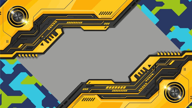 Futuristic gaming border with yellow mechanical armor plates, sci-fi tech frame for streaming, industrial esports background with camouflage pattern