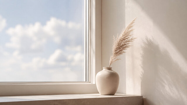 Minimalistyczny parapet z ceramicznym wazonem i trawą