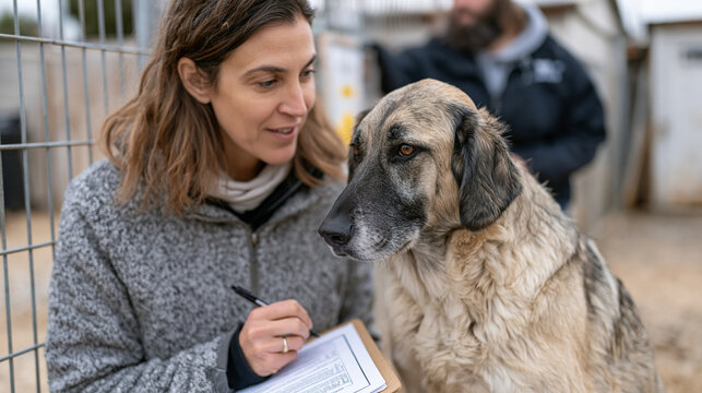Animal shelter behaviorist conducting a temperament assessment on a large mixed-breed dog in an outdoor run, clipboard in hand, rescue staff member observing from the fence, authentic animal welfare