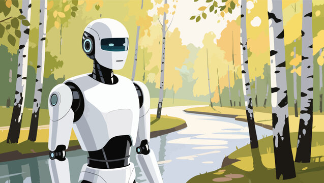 White humanoid robot standing near a calm river with birch trees and autumn foliage in the background.