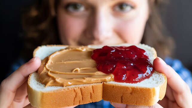 Close up of a person holding a slice of white bread with peanut butter and strawberry jelly spread on top