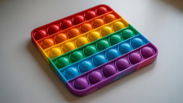 Close up of a square rainbow pop it sensory toy for stress relief isolated on a soft white background