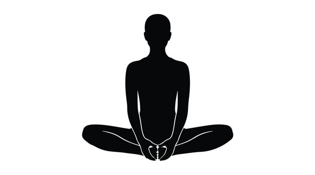 Black Silhouette of Woman Practicing Butterfly Yoga Pose (Baddha Konasana) on White Background
