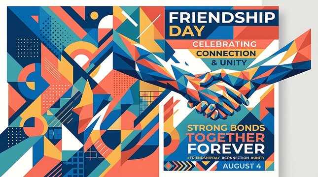 Friendship Day abstract geometric design with shaking hands and colorful typography