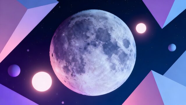 Moon and colorful geometric shapes in space