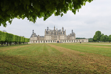 Fototapeta premium Panoramic green field leading to Chambord silhouette