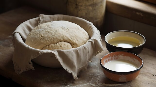 Fresh raw bread dough rising in a proofing basket with bowls of ingredients on a rustic wooden table