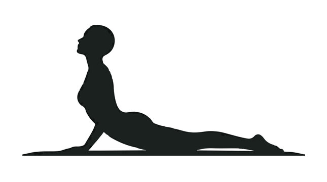 Black Silhouette of Female Yogi Doing Cobra Pose (Bhujangasana) on White Background