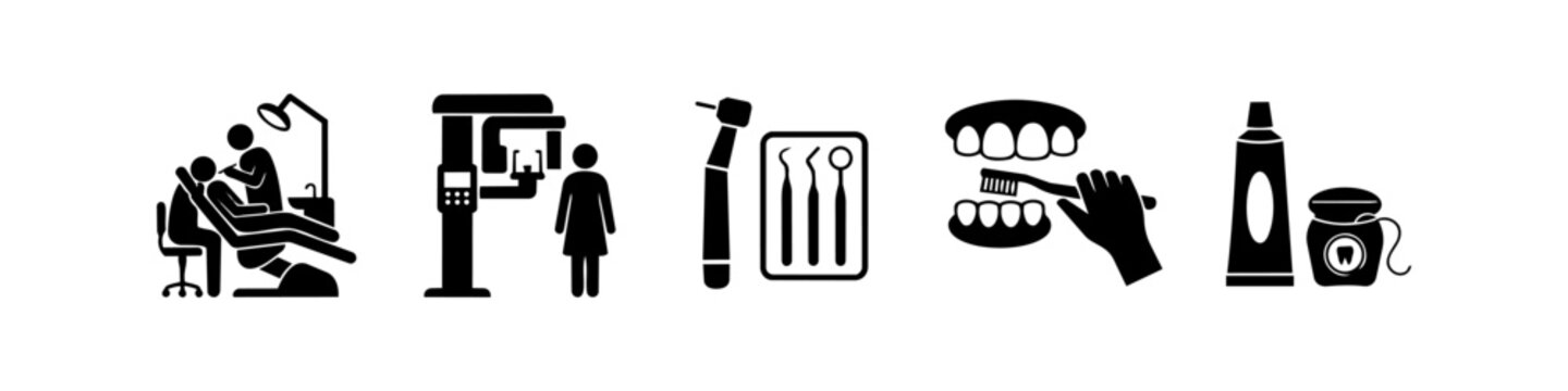 Set of dental care icons featuring professional treatment, panoramic X-ray machine, medical instruments, teeth brushing, and oral hygiene products like toothpaste and floss.