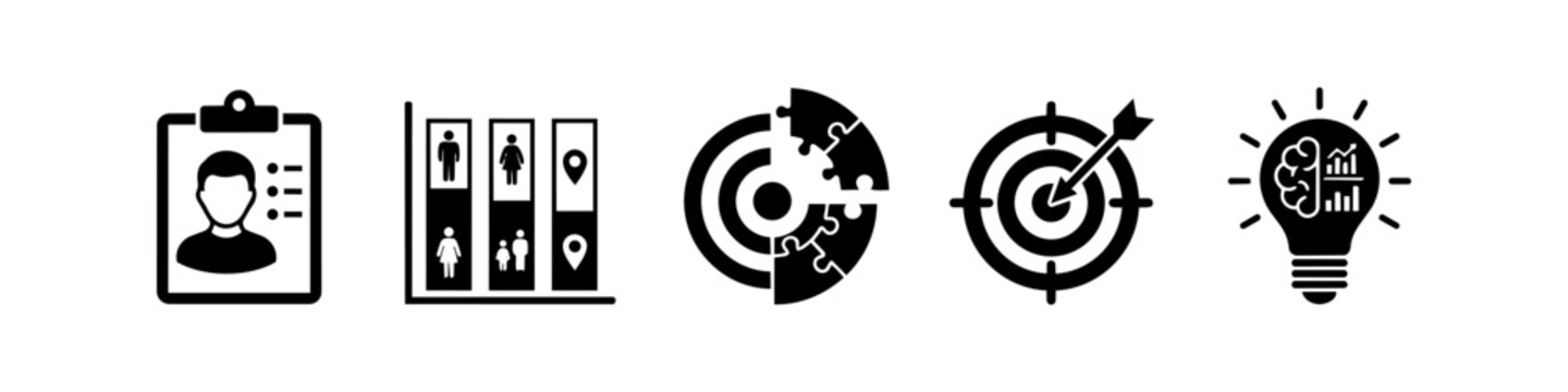 Business and marketing icon set featuring customer persona, demographic segmentation, target strategy, success goals, and data-driven insights. Ideal for professional presentations.