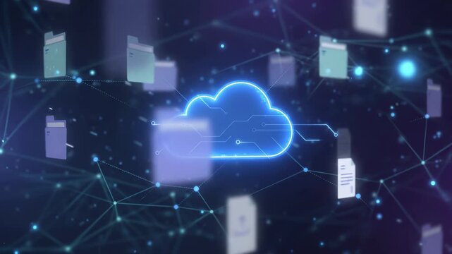 Cloud computing and data storage network. Digital folder and document files connected through online server infrastructure for secure backup. Modern internet technology and information transfer system