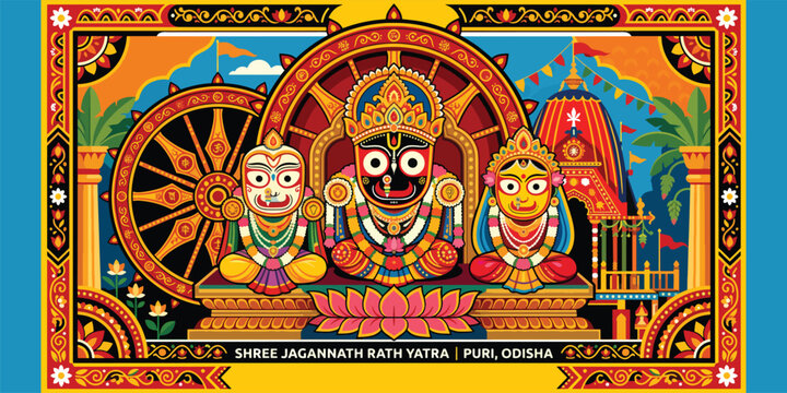Shree Jagannath Balabhadra Subhadra seated on ornate lotus throne before giant wheel inside Puri temple, richly detailed Odia folk art banner celebrating sacred Rath Yatra festival deities & devotion