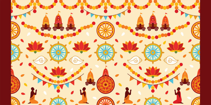 Seamless Jagannath Rath Yatra pattern with tiny chariots, lotus wheels, marigold garlands, diyas and praying devotees on cream background, charming festive Indian wallpaper for textiles stationery