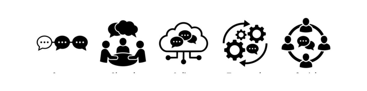 Set of minimalist black icons representing communication, team collaboration, cloud messaging, business workflow, and social networking on a white background.