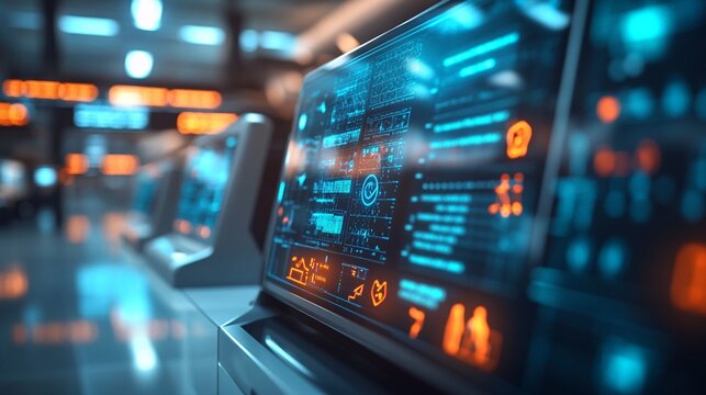Futuristic digital interface displaying complex data and charts on a screen. The glowing blue and orange elements suggest advanced technology and information systems
