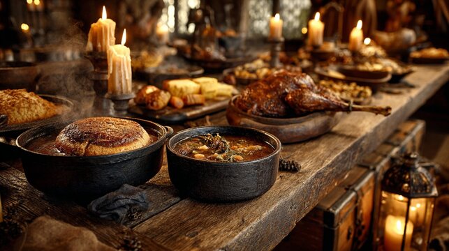 A long, rustic wooden table laden with a feast of various dishes, lit by flickering candlelight. The meal appears hearty and abundant, with multiple pots and serving platters filled with food.