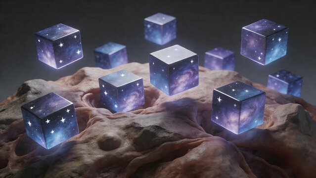 Cubes with galaxy patterns on rocky surface