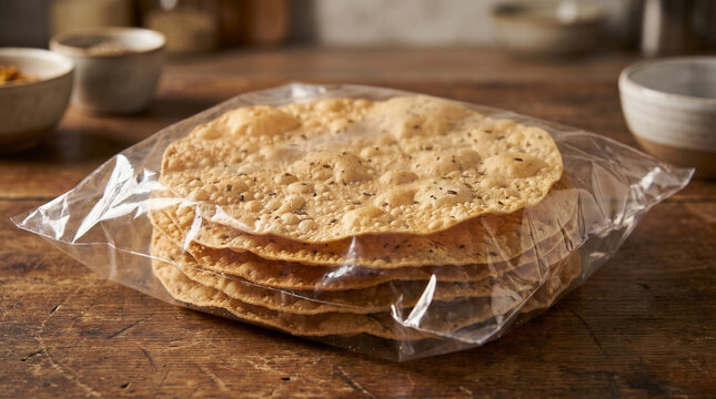Thin crispy papadums piled in a transparent plastic bag. Spicy Indian lentil flatbreads, a popular savory snack food known for its delicious crunch and flavor.