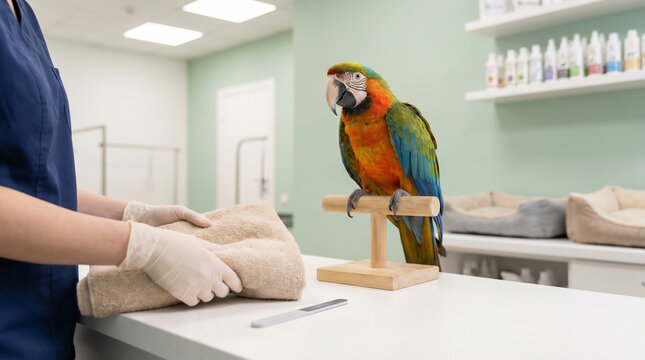Groomer prepares a safe towel and nail file setup for a colorful domestic parrot