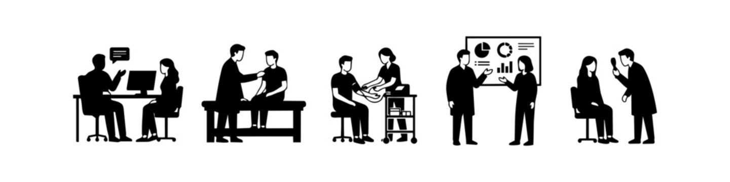 Minimalist silhouette icons showing medical consultations, physical exams, blood pressure checks, data analysis, and eye tests in a healthcare or clinical setting.