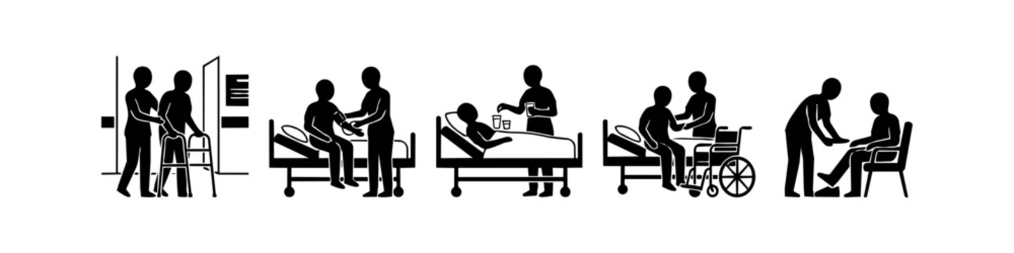Black and white silhouette icons representing various patient care activities, including medical assistance, nursing, and elder care in a hospital or home setting.